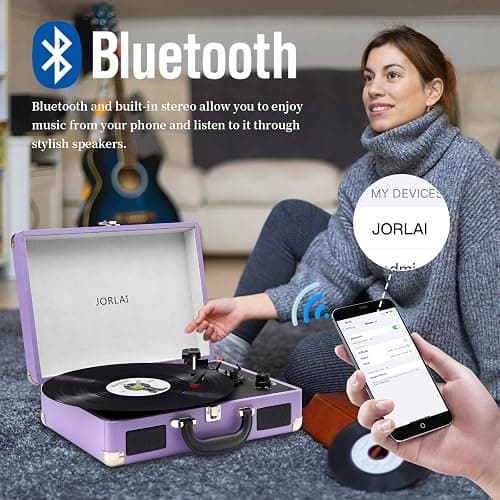 JORLAI Record Player 3 Speed Vinyl with Bluetooth Vintage Turntable Built in Battery Portable Suitcase Support Aux in RCA Line Out Headphone Jack Purple thumbnail 4