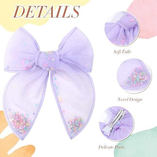 6 PCS Tulle Hair Bows for Girls, CN Toddler Bows with Glitter Star Alligator, Colorful Hair Barrettes Wedding Hair Accessories for Baby Girls Infants Toddler Teens Party (Type A) thumbnail 5