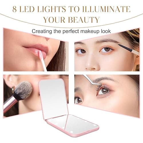 Kakuje Compact Mirror, 1X/3X Magnification LED Pocket Mirror with Nternal BIattery, Mini Mirror for Purse, Pocket,Travel and Present (Pink) thumbnail 3