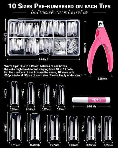 MORGLES Clear Acrylic Nail Tips, 500 Pcs French Nail Tips Square Half Cover with Glue, Clipper, Files and Cuticle Fork for Salons and Home DIY thumbnail 2
