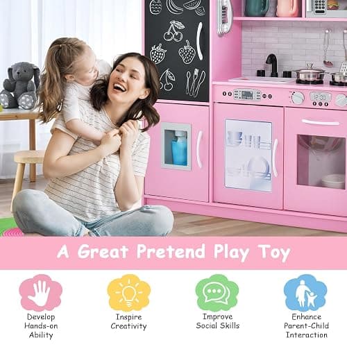 HONEY JOY Pink Kids Kitchen Playset, Wooden Little Chef Pretend Toy Kitchen Set w/Chalkboard, Telephone, Utensils, Oven, Microwave, Sink, Play Kitchen for Toddlers, Gift for Boys Girls, Pink thumbnail 9