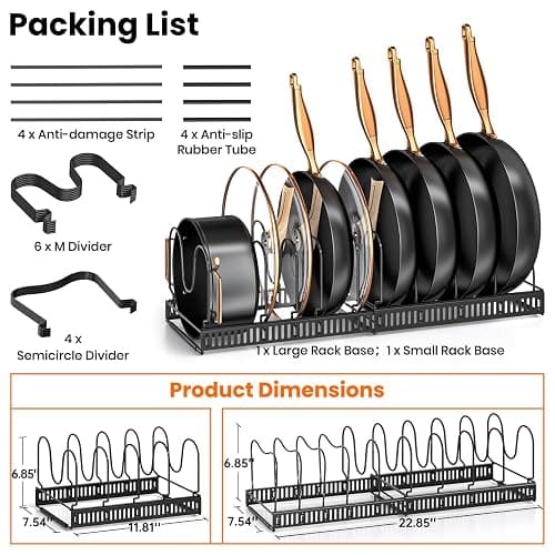 MUDEELA Pots and Pans Organizer Rack for under Cabinet, Expandable 11.81''-22.85'' Pot Lid Kitchen Cabinet Organizer Holder with 10 Adjustable Compartment Cutting Board Organizer for Pan Lid, Bakeware thumbnail 7