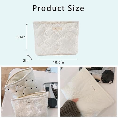 uekeboag White Quilted Cotton Makeup Pouch,Coquette Quilted Toiletry Bag for Women and Girls, Floral Coquette Organizer Bag, Aesthetic Travel Cosmetic Bags(03White Shells) thumbnail 3