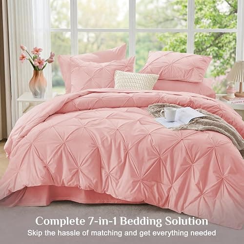 JOLLYVOGUE Queen Comforter Set 7 Pieces - Bed in a Bag Queen for All Season, Pintuck Bedding Comforter Sets with Comforter, Flat Sheet, Fitted Sheet and Pillowcases & Shams, Pink thumbnail 6