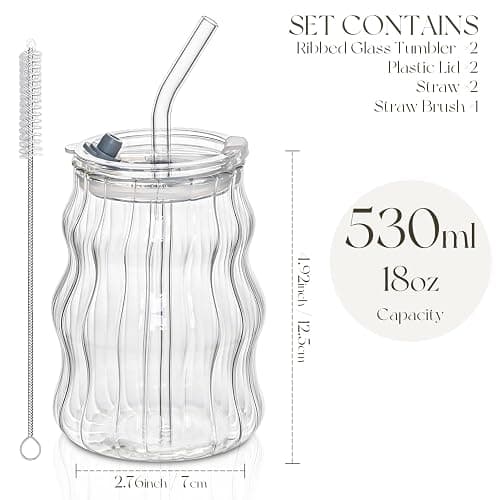 Ribbed Glass Cups with Lids and Straws – Unique Glasses for Iced Coffee, 18oz Vintage Design, Ideal Wavy Coffee Cups with Straws, Bubble Glass Aesthetic, Clear Ribbed Glasses thumbnail 3