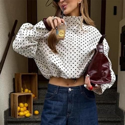 JoinQueen Women Polka Dot Jacket Stand Collar Cropped Jackets Zip Up Coat Casual Fashion Coat Fall Spring Jacket with Pockets thumbnail 3