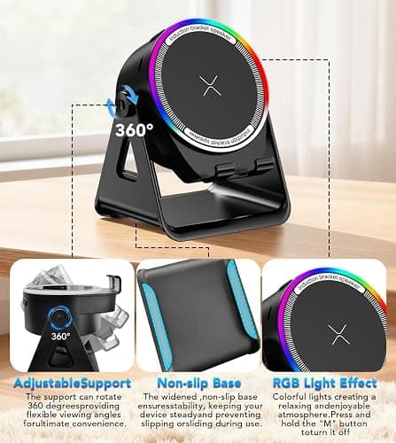 NIIFAWH Bluetooth Speaker, 4-in-1 Wireless Induction Speaker & RGB Light Stand Multi-Functional Phone Stand Instant-Connect Stereo Sound, 360° Adjustable Holder for iPhone/Android/iPad/Samsung (Black) thumbnail 5