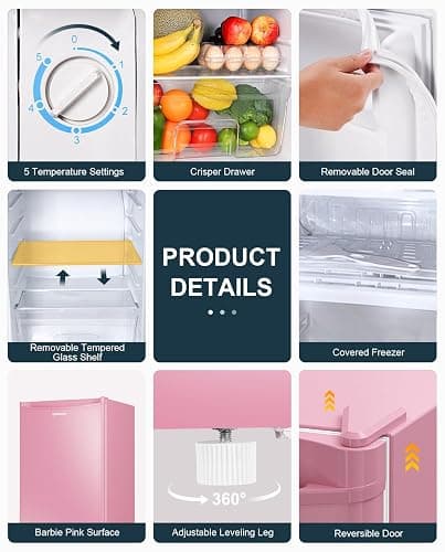 Upstreman 3.2 Cu.Ft Mini Fridge with Freezer, Single Door Mini Fridge, Dorm Fridge, Adjustable Thermostat, Mini Refrigerator for Bedroom, Office, Dorm, Pink-BR321 thumbnail 6