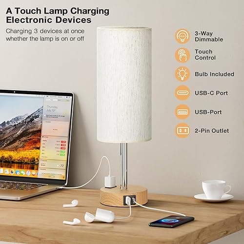 Fenmzee Bedside Table Lamp for Bedroom - 3 Way Dimmable Touch Lamp USB C Charging Ports and AC Outlet, Small Lamp Wood Base Round Flaxen Fabric Shade for Living Room, Desk, LED Bulb Included - Cream Shade-Wood Base - 14" Touch Control thumbnail 7