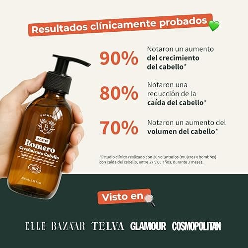 BIONOBLE Aceite de Romero para el Cabello Orgánico - Estimula Crecimiento Pelo, Nutre el Cuero Cabelludo - Aceite Esencial de Romero, Ricino - Rosemary Oil Hair Growth - Botella Vidrio, Pipeta - 50ml thumbnail 7