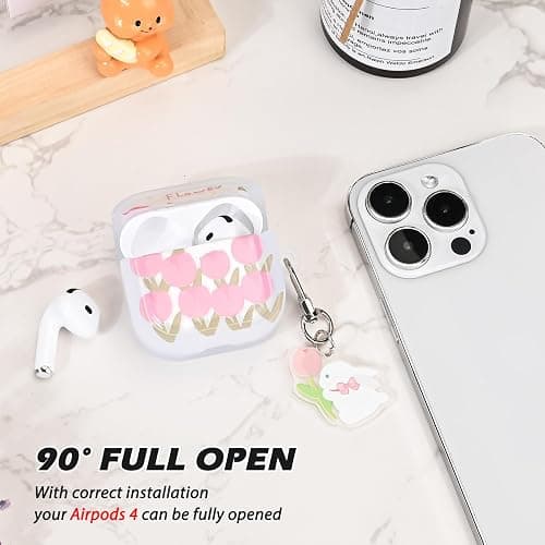 CameCosy Case Compatible for Airpods 4 Generation 2024 with Pendant, Cute Flower Cover with Pink Tulips Pattern for Girls Women, Protective Case in Shockproof Anti-Scratch Anti-Slip Anti-dust TPU thumbnail 3