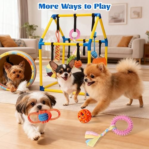 Puppy Play Gym with 9 Hanging Toys, Interactive Dog Enrichment Playground, Removable Indoor Training Activity Center for Puppies & Small Dogs, Adjustable PVC Frame, Teething & Squeaky Toys Included thumbnail 5