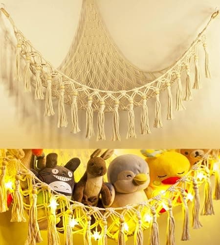 Stuffed Animal Storage Hammock with LED Light - Nursery Toy Storage and Organizer for Baby Room Decor - Teddy Bear Hammock Stuffy Storage Plushie net Corner, Kids Toddler Bedroom Boho - Image 1