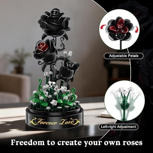 HiWEEGO Flower Building Set with LED Light - 232 PCS Black Rose Building Blocks Kit with Dust Cover, Gift for Mothers Day Wife 3.6MM Flower Botanical Collection Block Toy Home Decor thumbnail 8