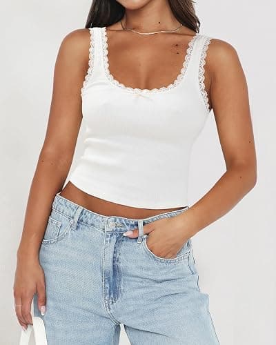 NODHUT Women's Tank Tops Cute Slim Fitted Ribbed Knit Bow Lace Camisole Top Sexy Summer Square Neck Sleeveless Going Out Tops thumbnail 7