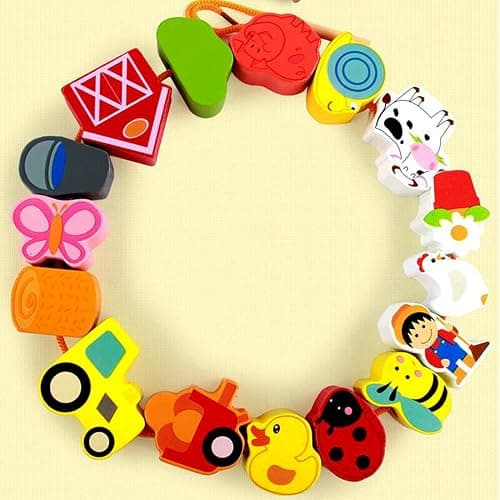 Lacing Farm Toy Wooden Block Set, Early Educational Toys String & Lacing Beads Games for Toddlers Kids Farm Animal Learning Play Set (16 Pieces) thumbnail 3