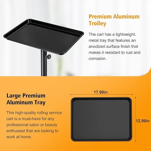 DEER BEAUTY Salon Tray on Wheels - Premium Aluminum Tattoo Tray Rolling Trolley - Adjustable Salon Service Rolling Tray Hairdresser Cart with Clinic Spa Rolling Tray Wheels (Black) thumbnail 5