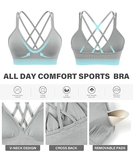 VEQING Seamless V-Neck Women Sports Bras, Padded Cross Back Wireless Low Impact Workout Yoga Bras for Small Chests, 3 Pack thumbnail 7