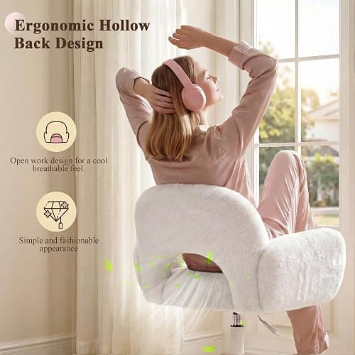 Homkdom Vanity Chair with Round Hollow Back & Arms,Height Adjustable | Faux Rabbit Fur, Swivel Cute Makeup Chair, Padded Seat, for Bedroom Dorm, Rolling Casters,White thumbnail 4