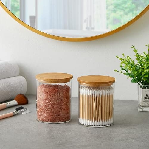 INIUNIK Glass Qtip Holder Dispenser with Bamboo Lid - 2 Pack Apothecary Jars - Cotton Balls Pads Swabs Holder Jar - Bathroom Vanity Canisters Jars for Countertop Storage and Organization thumbnail 7