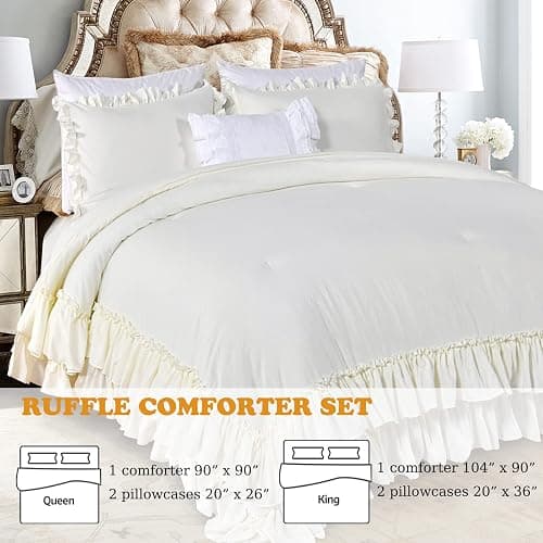 Masaca Ivory Ruffled Comforters Queen Size,Farmhouse Shabby Boho Chic Comforter Set,French Country Microfiber Inner Fill Ivory Bedding 3PCS(1 Ruffle Comforter and 2 Pillowcases) thumbnail 2