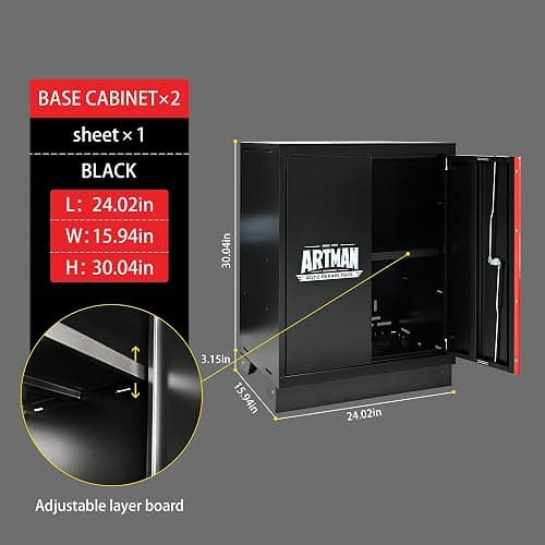 S.Walt Pre-Assembled Garage Storage Cabinet System, No Assembly Required, 6-Piece Workshop Cabinet Set in Black & Red with LED Lights, Wood Worktop, Key Locks, Adjustable Doors and Legs thumbnail 6