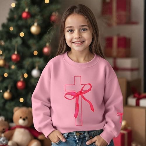 Lubpow Girls Christian Sweatshirt Kids Cute Pink Bow Sweatshirts Teens Aesthetic Cross Graphic Long Sleeve Shirt Pullover Top thumbnail 6