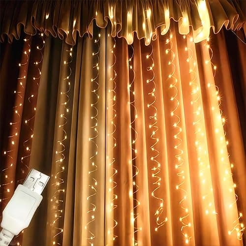 Honche 300Led Fairy Curtain String Lights 10x10ft with Remote Window Lights for Bedroom Wedding Party Festive Season Propose Christmas Decoration(Warm White) thumbnail 8