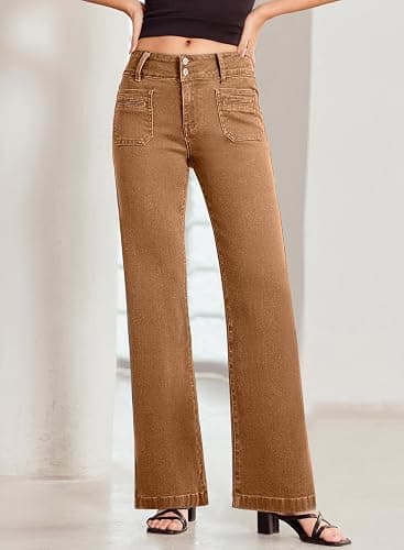 Sidefeel Women's Wide Leg Jeans High Waisted Denim Pants | Double Button Waistband,Tummy Control,Front Patch Pockets,Full Length,High Rise,Stretchy Fabric,Casaul Daily Wear thumbnail 4