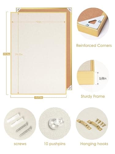 Bulletin Board 30 x 20 inches, Oatmeal White Pin Board, Golden Aluminum Framed Fabric Cork Board with 10 Push Pins thumbnail 3