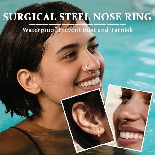 Hypoallergenic Nose Rings Hoops Set for Women Men: 8Pcs 18G Gold/Silver 316L Surgical Stainless Steel Nose Hoops Hinged Clicker Septum Rings for Nose Cartilage Body Piercing Jewelry 6mm 8mm 10mm 12mm thumbnail 5