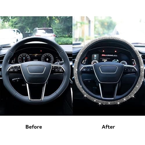 Limsas Bling Rhinestone Steering Wheel Cover with Crystal Diamond for Women, Sparkling Car Wheel Protector Universal Fit 14-15 inches - White thumbnail 5