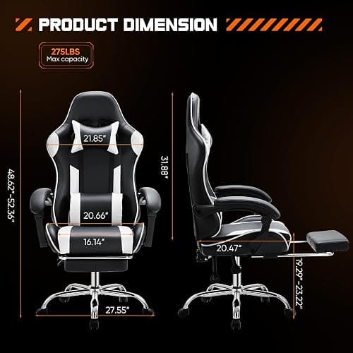 Sweetcrispy Video Game Desk Chair - Ergonomic Computer with Footrest and Comfy Lumbar Support, PU Leather Recliner with Headrest, Fixed Up Armrest, Height Adjustable with 360° Swivel, White, Adults thumbnail 3