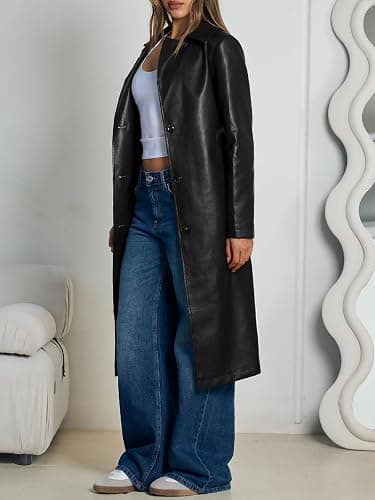 Trendy Queen Womens Long Leather Jackets Trench Coat Blazer Lapel Faux Open Front with Belt thumbnail 3