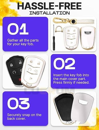 Lucrum Compatible with Cadillac Escalade Key Fob Cover & Leather Keychain, 5 Buttons Keyfob Case for ATS CTS CT6 SRX XT4 XT5 XT6 - (2015-2023) - White and Gold thumbnail 6