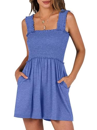Caracilia Women's Summer Casual Smocked Rompers Square Neck Sleeveless Loose Shorts Jumpsuit 2025 Beach Vacation Outfits - Blue - Large - Image 1