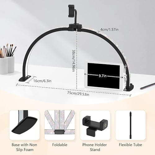 Yokilly Half Moon Light for Nail Desk: 29" Foldable Nail Light for Desk | Arch Nail Tech Light with Phone Holder for Beginner - 3 Color Modes & 10 Brightness for Manicure Salon-Black thumbnail 4