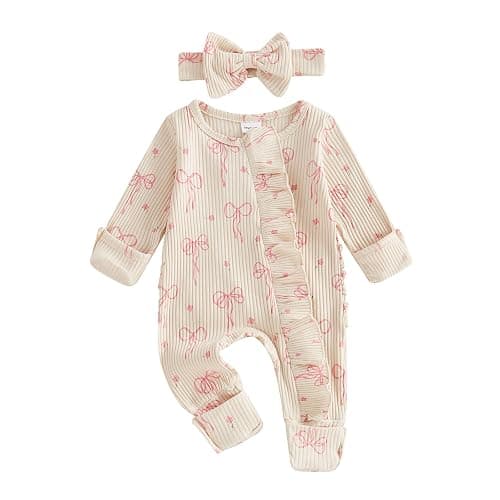 Socutebabe Newborn Baby Girl Coming Home Outfit Ruffle Romper Onesie Cute Ribbed Knit Jumpsuit Winter Clothes and Headband - Image 1