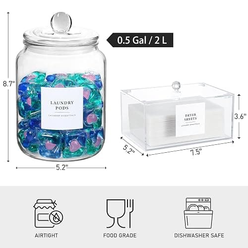 Glass Jars and Dryer Sheet Holder, Dispenser Set with Lids and Labels, Containers for Laundry Room Organization and Storage, Half Gallon Airtight Glass jars, Acrylic Storage Box for Laundry supplies, thumbnail 3