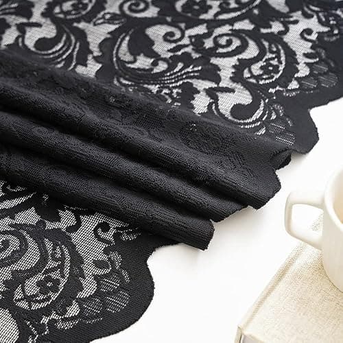 ALIGOGO Black Lace Curtains for Bedroom, Gothic Style, 52W x 63L Inch | Halloween Home Decor, Witchy Moody Curtains, Victorian Vintage Floral Pattern, Light Filtering&Privacy, Rod Pocket, 2 Panels thumbnail 7
