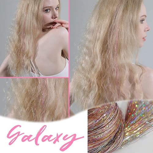 6 Pcs Clip in Hair Tinsle Kit, 19.6 Inch Heat Resistant Glitter Tinsel Hair Extension Clips, Fairy Sparkle Strands Festival Gift Party Dazzle Hair Accessories for Women Girls Kids (GALAXY) thumbnail 6