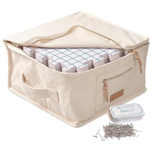 KnitIQ Pack of 9 Blocking Mats for Knitting and Crocheting - Extra Thick Blocking Boards for Crochet Projects - Block Mats for Knitting with Circular Gridlines, 150 T-Pins, and Storage Bag - Image 1