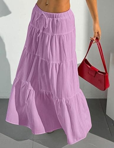 DERAX Women's Boho Flowy White Maxi Skirt Flared Ruffle Elastic Waist Summer A Line 2026 Spring Long Skirts thumbnail 3
