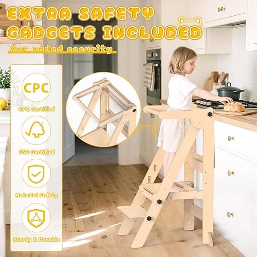 Foldable Toddler Tower, Wooden Toddler Kitchen Stool with 3 Adjustable Heights and Removable White/Blackboard, Montessori Foldable Learning Tower Kitchen Stool, Natural Wood thumbnail 4