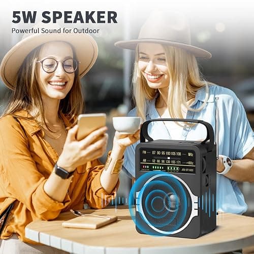 JEUJUG Portable AM FM Radio, Bluetooth 5.0 Radios 5 Watts Loud Speaker,FM Radio Built-in Rechargeable Battery/DC D*4 Cell Battery Operated & AC Power Plug in Wall Black thumbnail 6