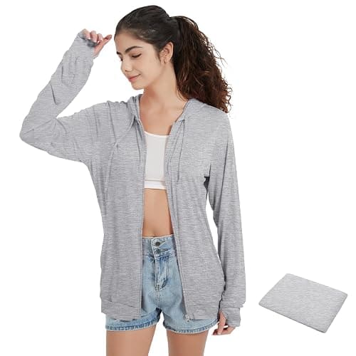 QBK Light Weight Zip Up Hoodie Thin Summer Jacket For Women - Light Grey - Small - Image 1