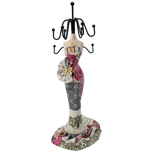 10.5" Mannequin Jewelry Stand, Tabletop Necklace & Bracelet Holder | Charming Dresser Decor: Blends an elegant floral mannequin form with functional metal hooks to elevate any vanity setup. - Image 1
