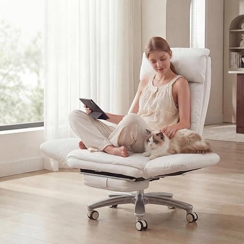 JULYMON Cross Legged Office Chair with Pets Friendly Seat, Plus Size Criss Cross Desk Chair, Big and Tall Office Chair with Foot Rest, Reversible Armrests & Wide Seat, Cream White - Image 1