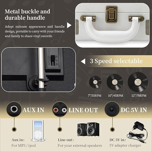 JORLAI Record Player 3 Speeds Turntable with Bluetooth Built-in Battery Stereo Speakers Vintage Record Player Belt Driven Portable Suitcase PC Recording White thumbnail 5