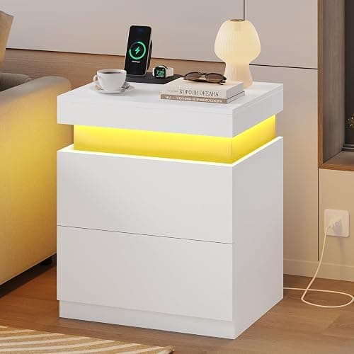 ADORNEVE White Modern Bedside Table with 2 Drawers | Nightstand with Charging Station and LED Lights,Night Stand with Sliding Top,Side Table for Bedroom thumbnail 5